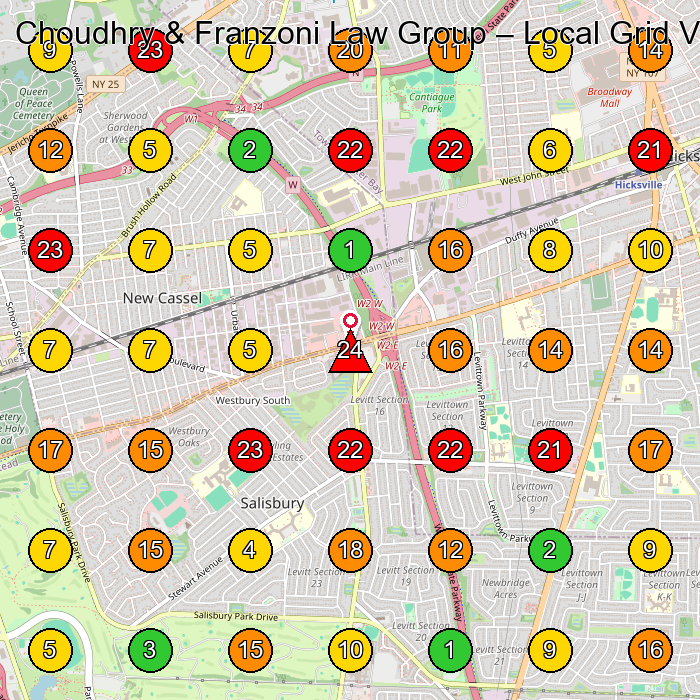 Choudhry & Franzoni Law Group Law Firm GeoGrid ranking map for Westbury NY